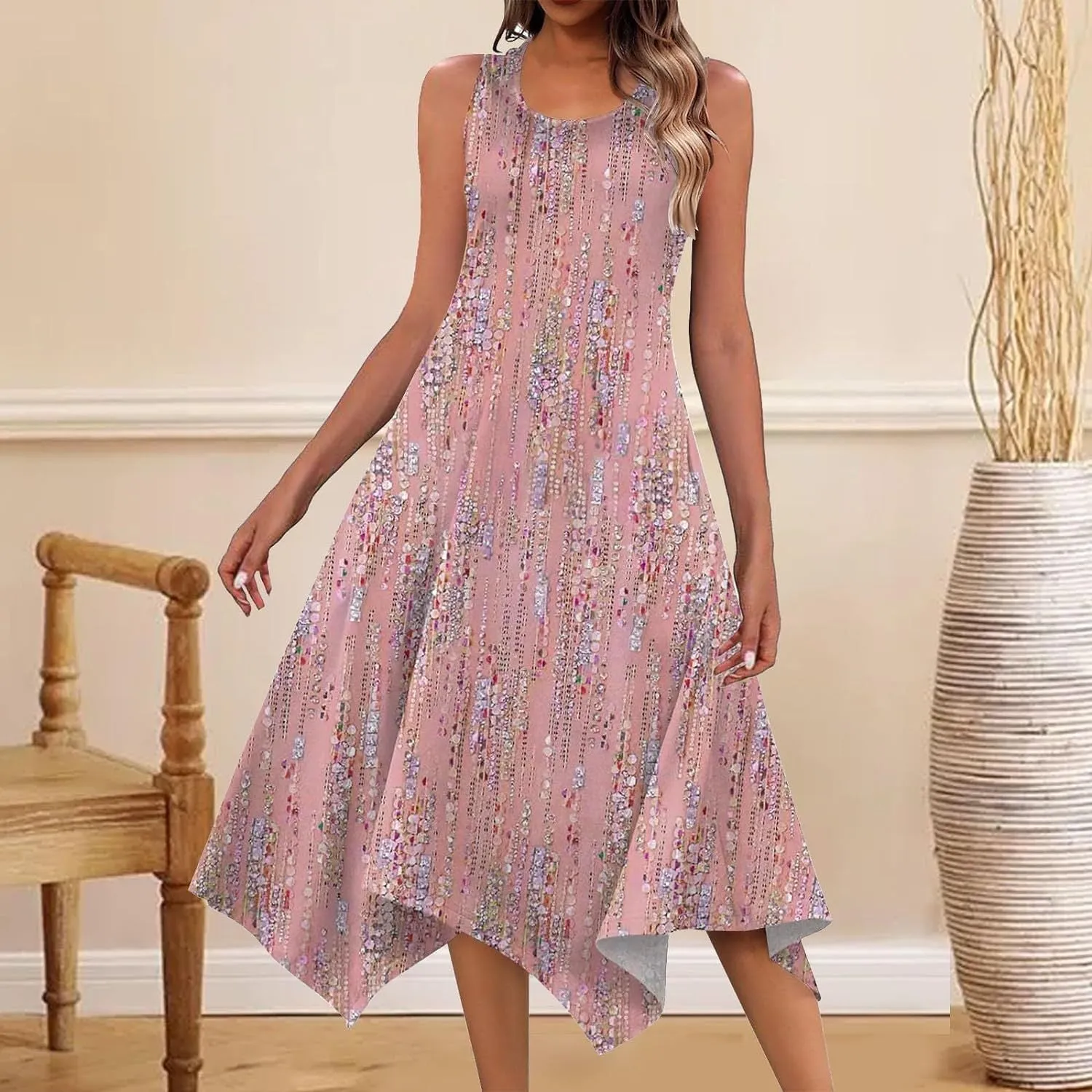 DEANWAQNGKT  Cross Border Women's Clothing  Summer Mid-Length Fashion New Printed Sleeveless Irregular Swing Dress