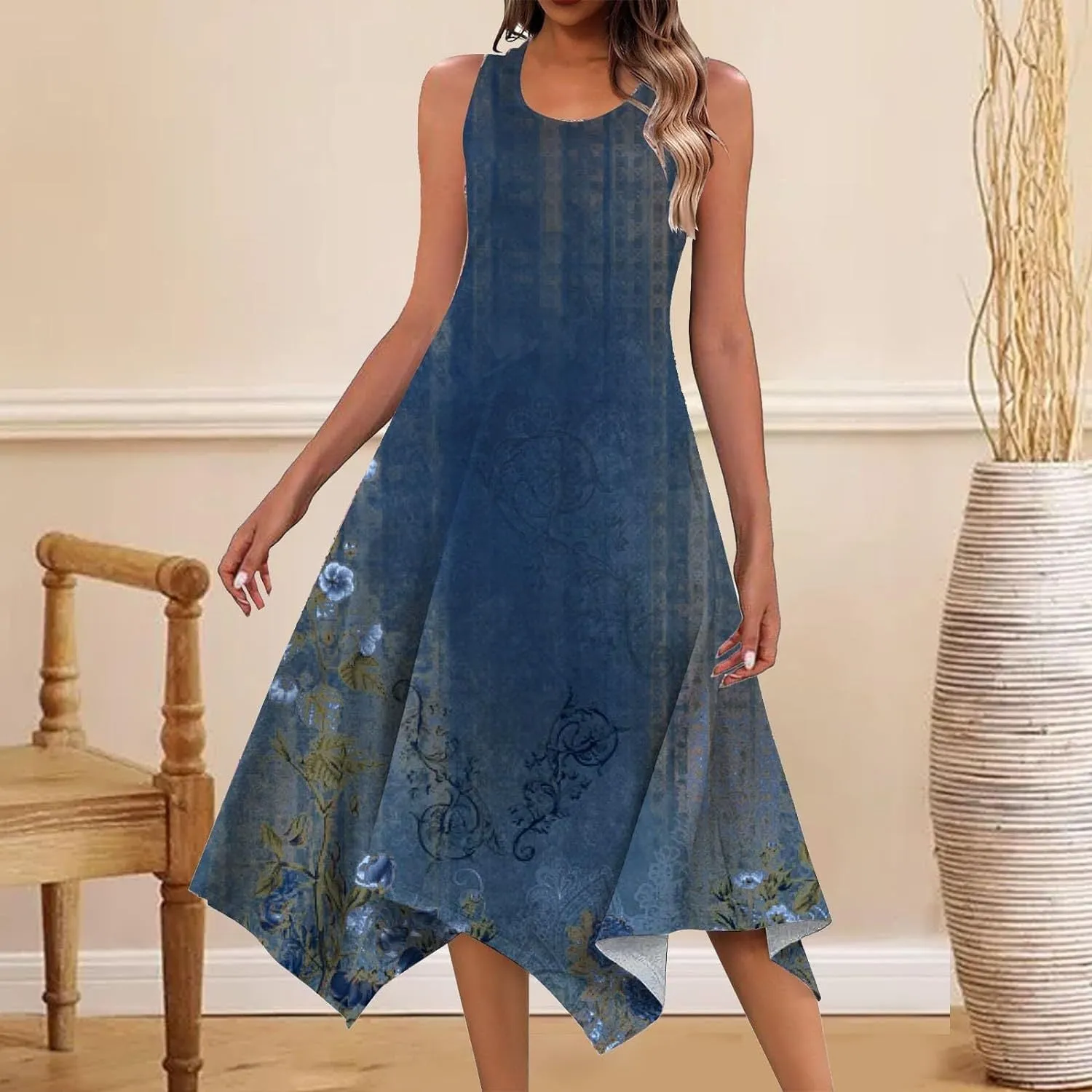 DEANWAQNGKT  Cross Border Women's Clothing  Summer Mid-Length Fashion New Printed Sleeveless Irregular Swing Dress
