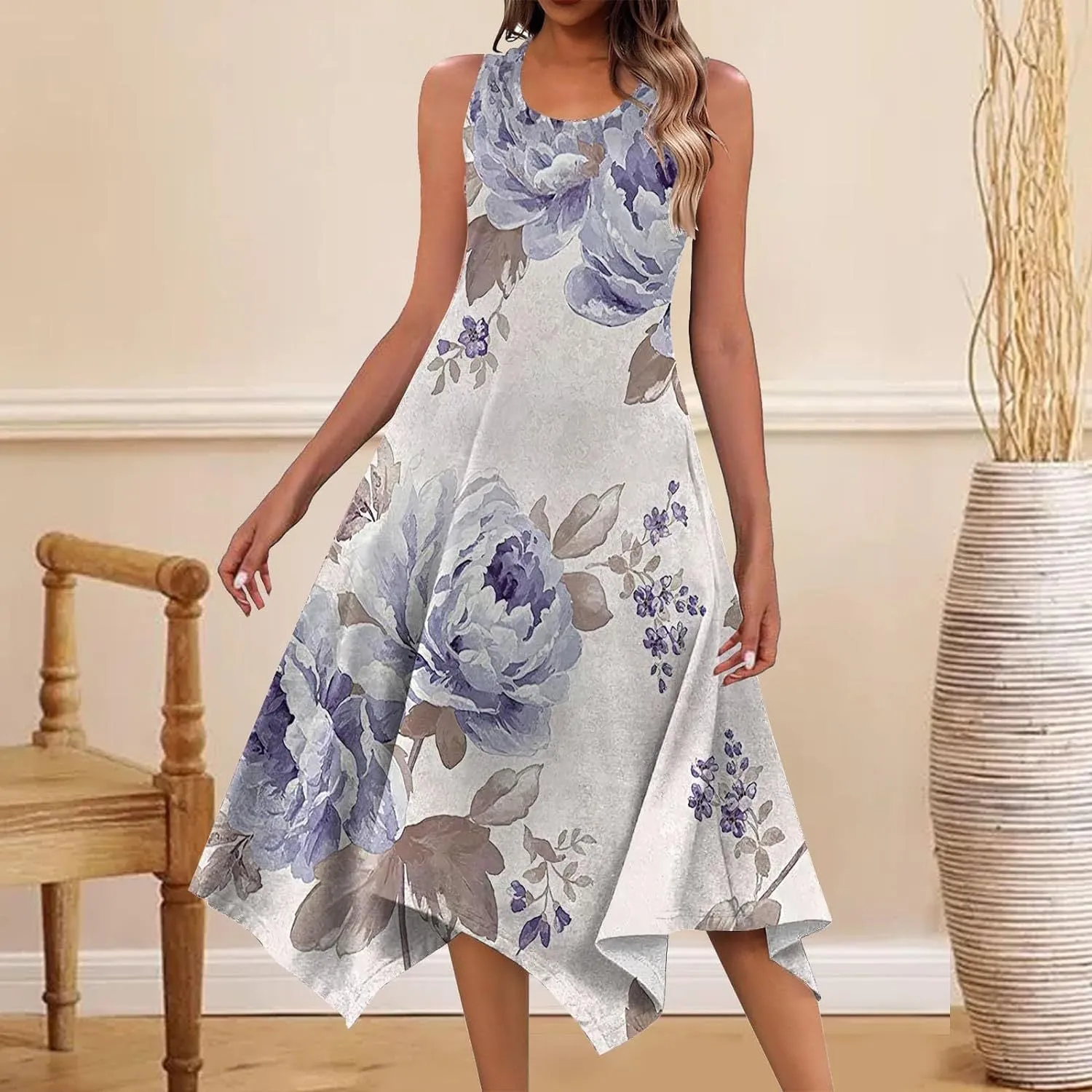 DEANWAQNGKT  Cross Border Women's Clothing  Summer Mid-Length Fashion New Printed Sleeveless Irregular Swing Dress