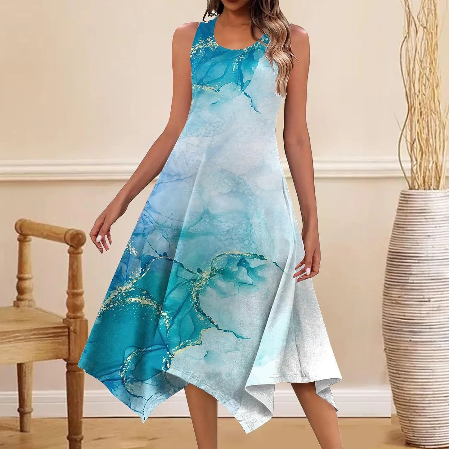 DEANWAQNGKT  Cross Border Women's Clothing  Summer Mid-Length Fashion New Printed Sleeveless Irregular Swing Dress
