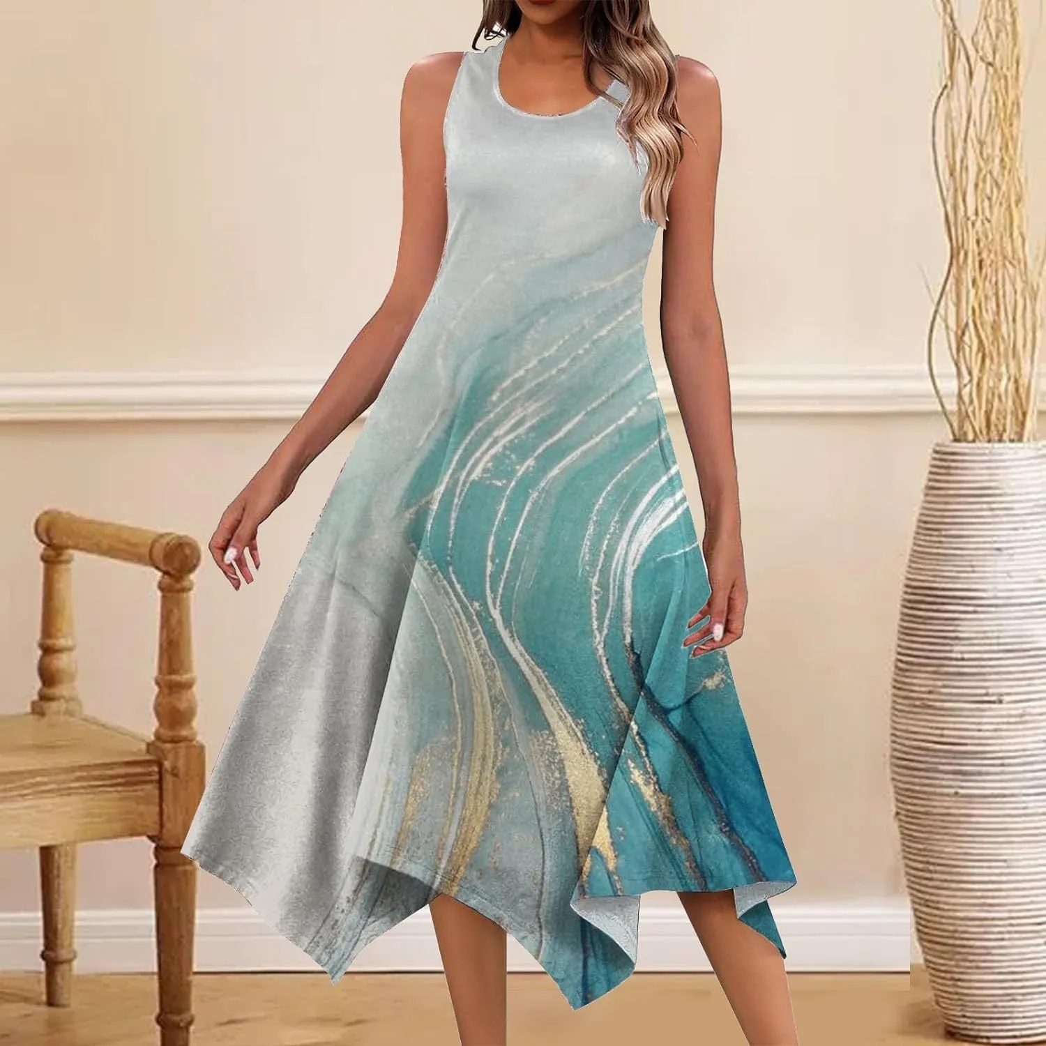DEANWAQNGKT  Cross Border Women's Clothing  Summer Mid-Length Fashion New Printed Sleeveless Irregular Swing Dress