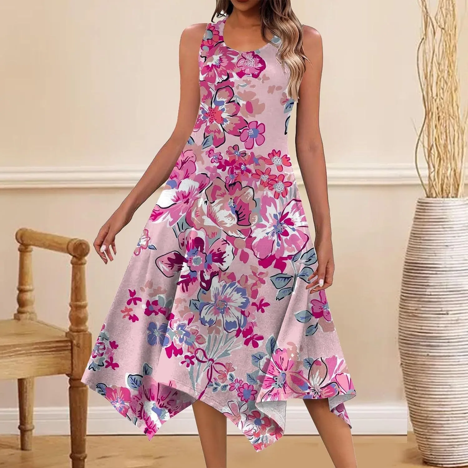 DEANWAQNGKT  Cross Border Women's Clothing  Summer Mid-Length Fashion New Printed Sleeveless Irregular Swing Dress