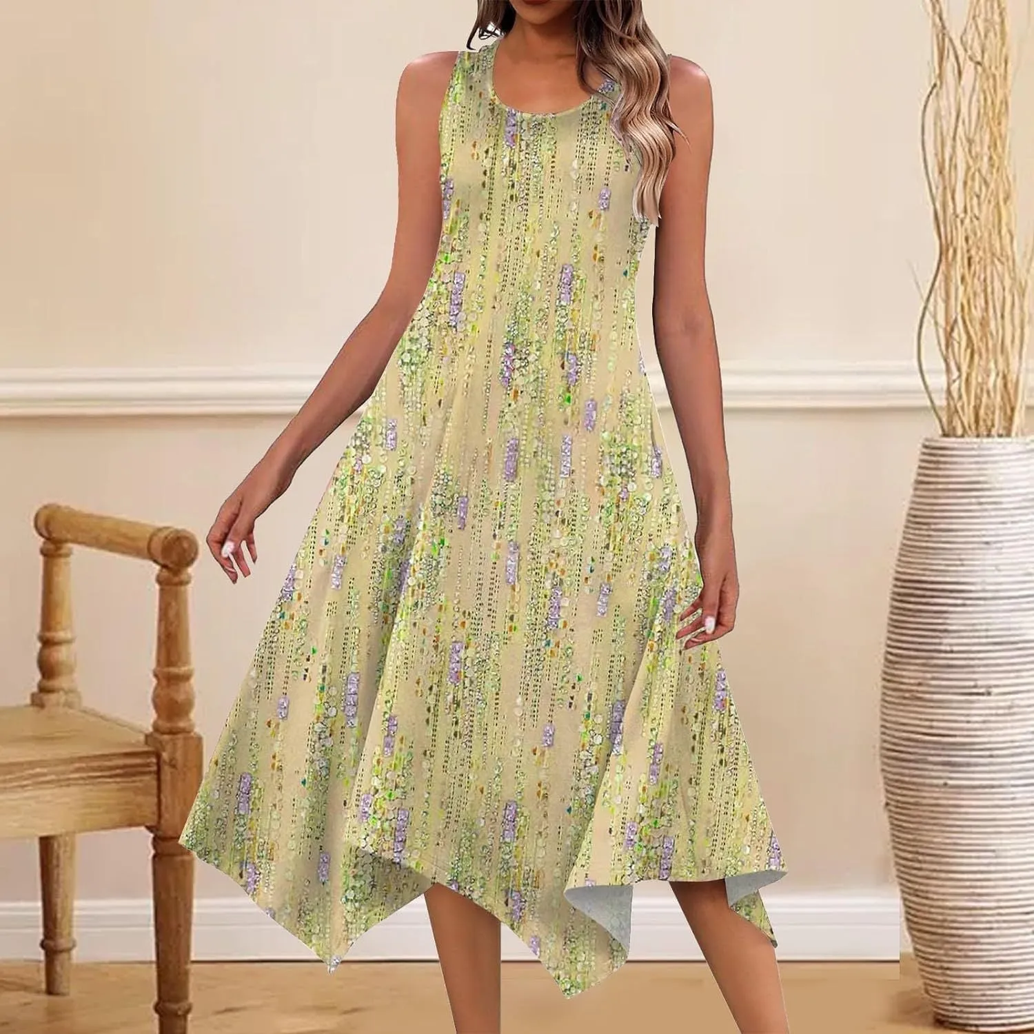 DEANWAQNGKT  Cross Border Women's Clothing  Summer Mid-Length Fashion New Printed Sleeveless Irregular Swing Dress