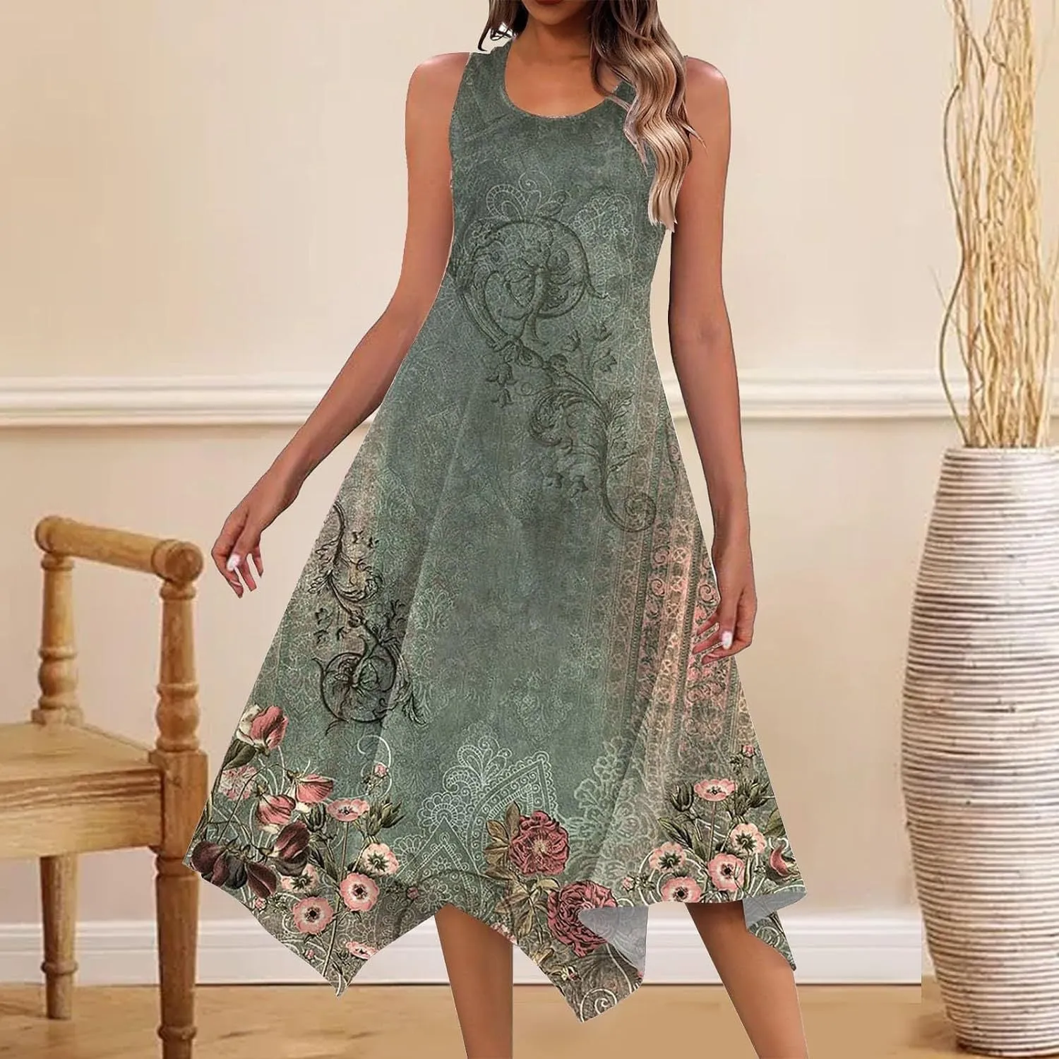 DEANWAQNGKT  Cross Border Women's Clothing  Summer Mid-Length Fashion New Printed Sleeveless Irregular Swing Dress