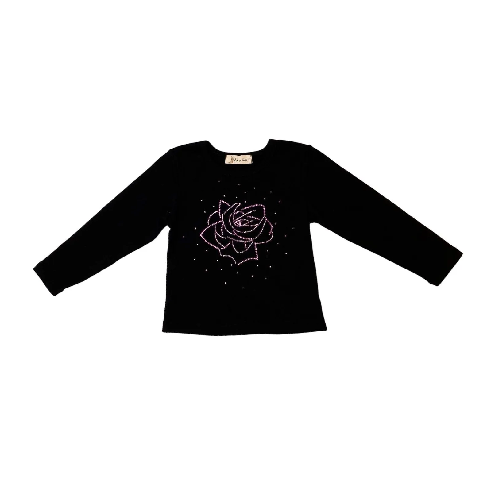 Doe a Dear Girls Crystal Pink Rose L/S Black Top