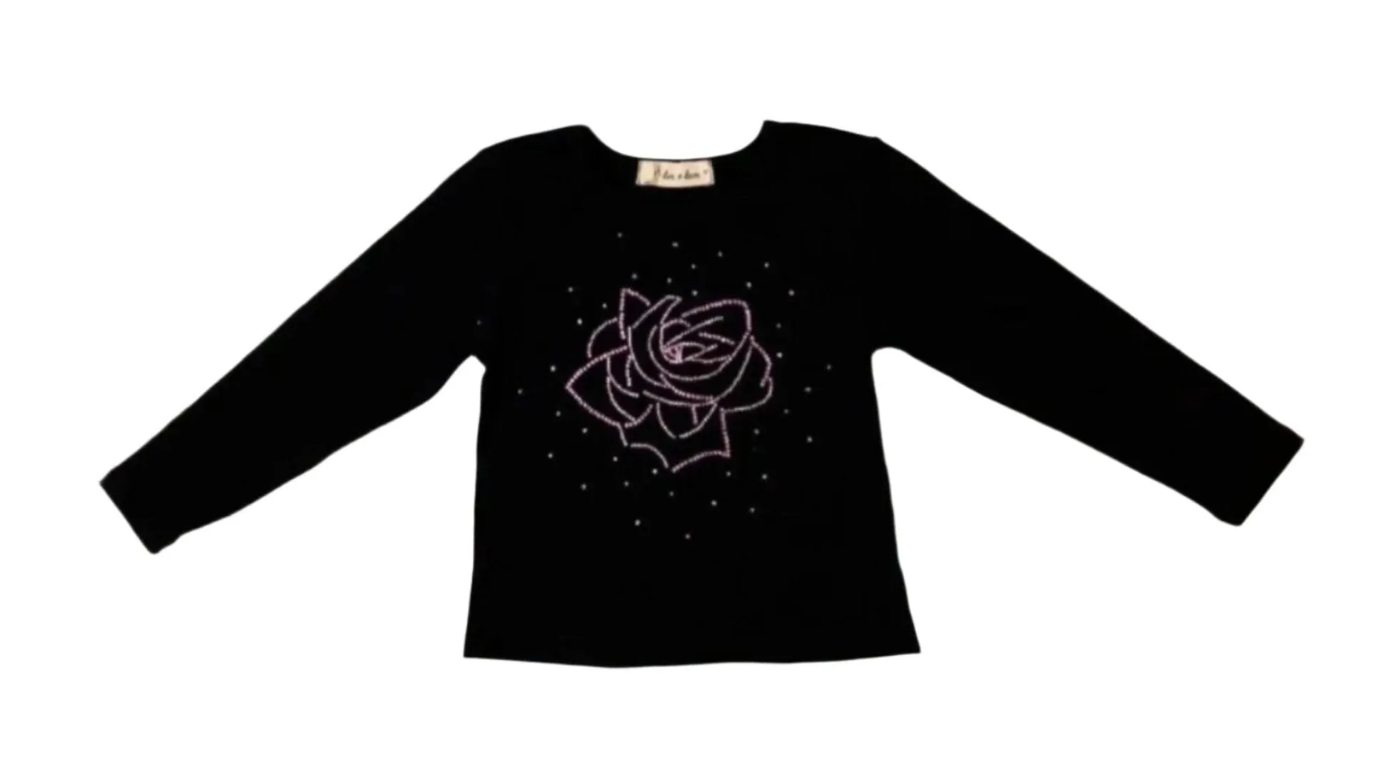 Doe a Dear Girls Crystal Pink Rose L/S Black Top