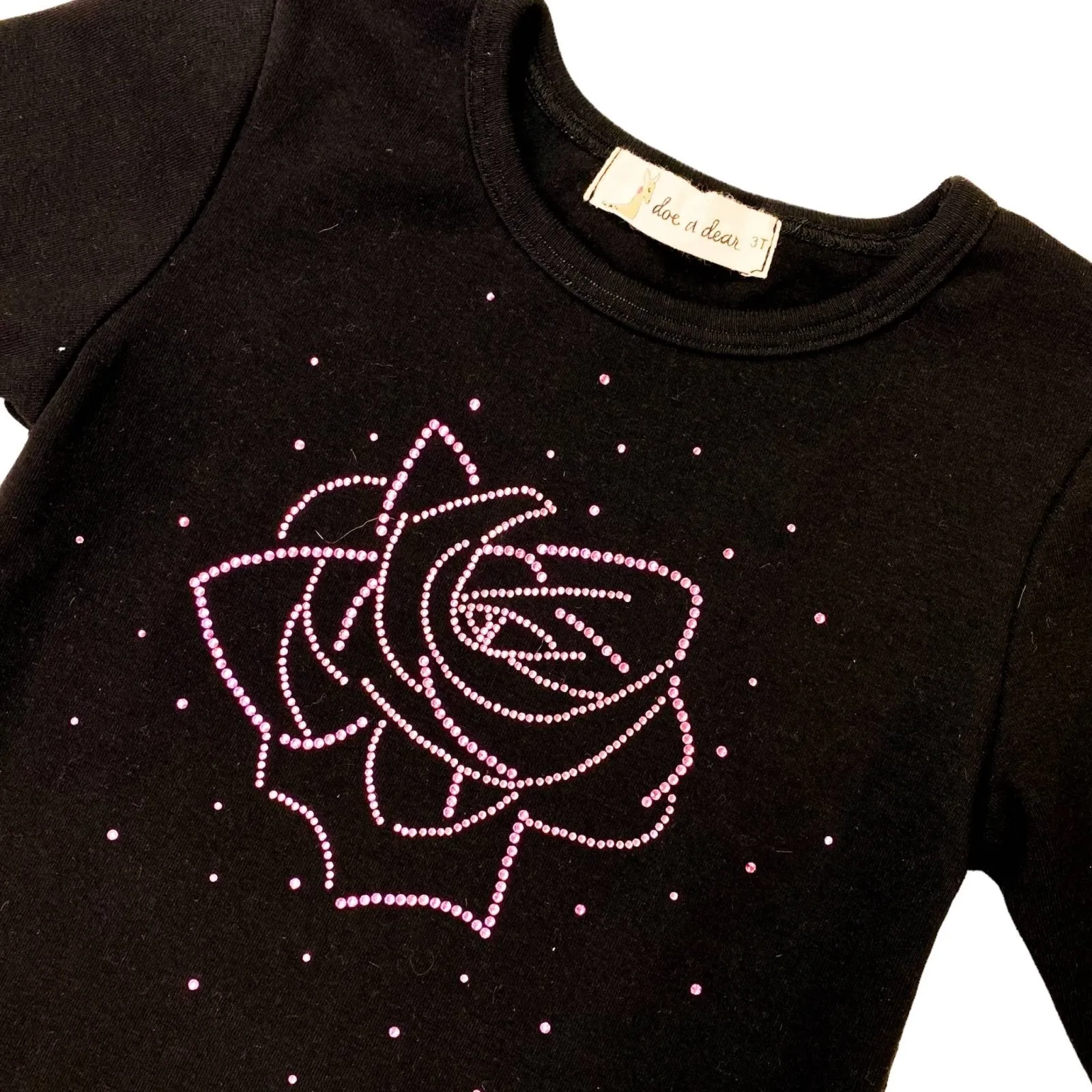 Doe a Dear Girls Crystal Pink Rose L/S Black Top