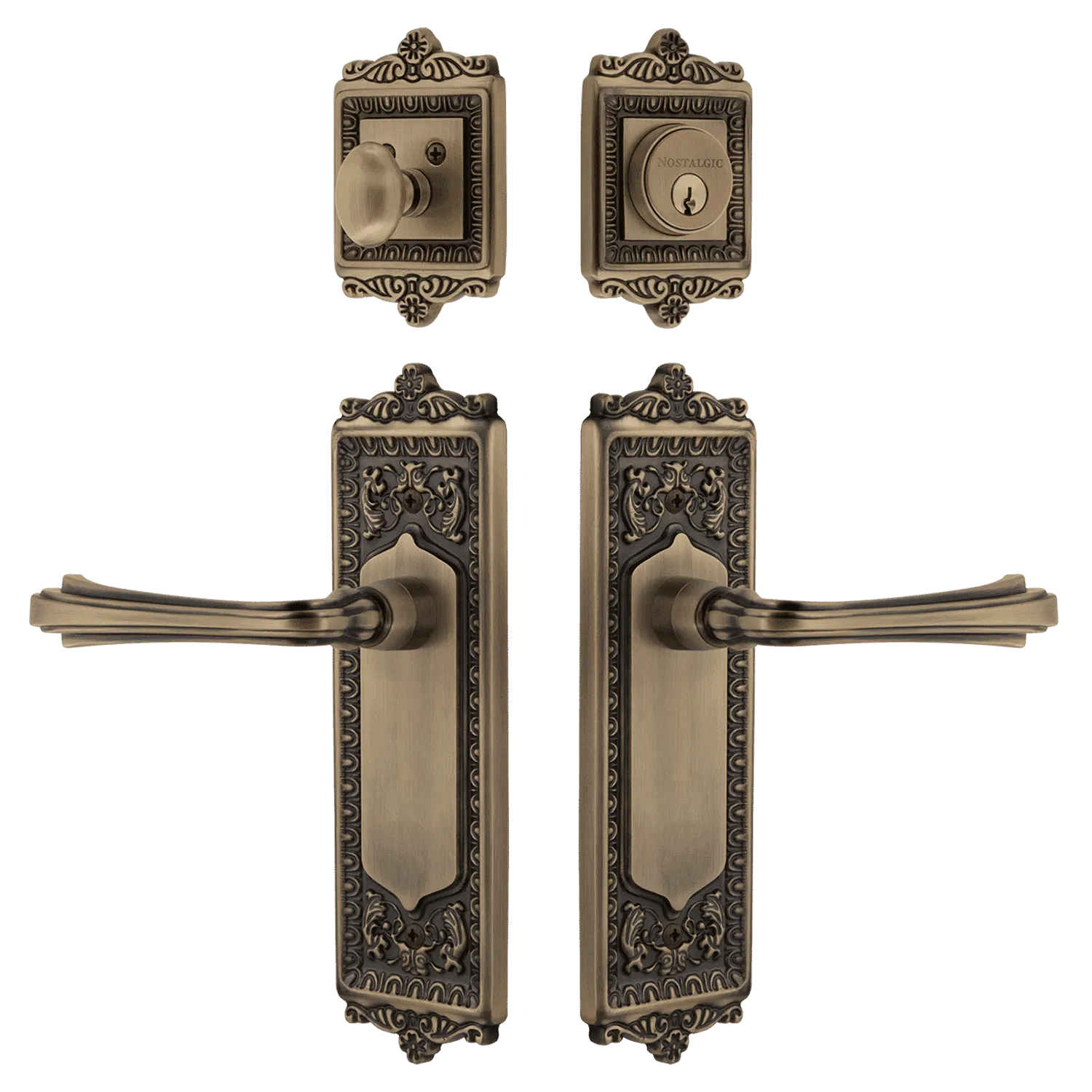 Egg & Dart Entry Set with Fleur Lever in Antique Brass