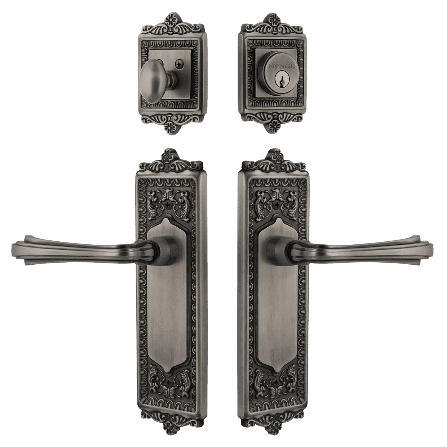 Egg & Dart Entry Set with Fleur Lever in Antique Pewter