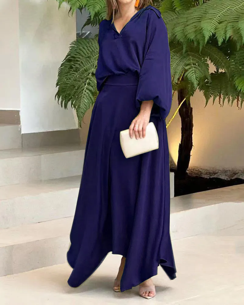 Elegant Long Sleeves Top High Waist Long Skirt Suits