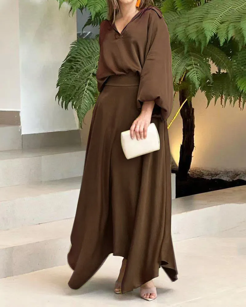 Elegant Long Sleeves Top High Waist Long Skirt Suits