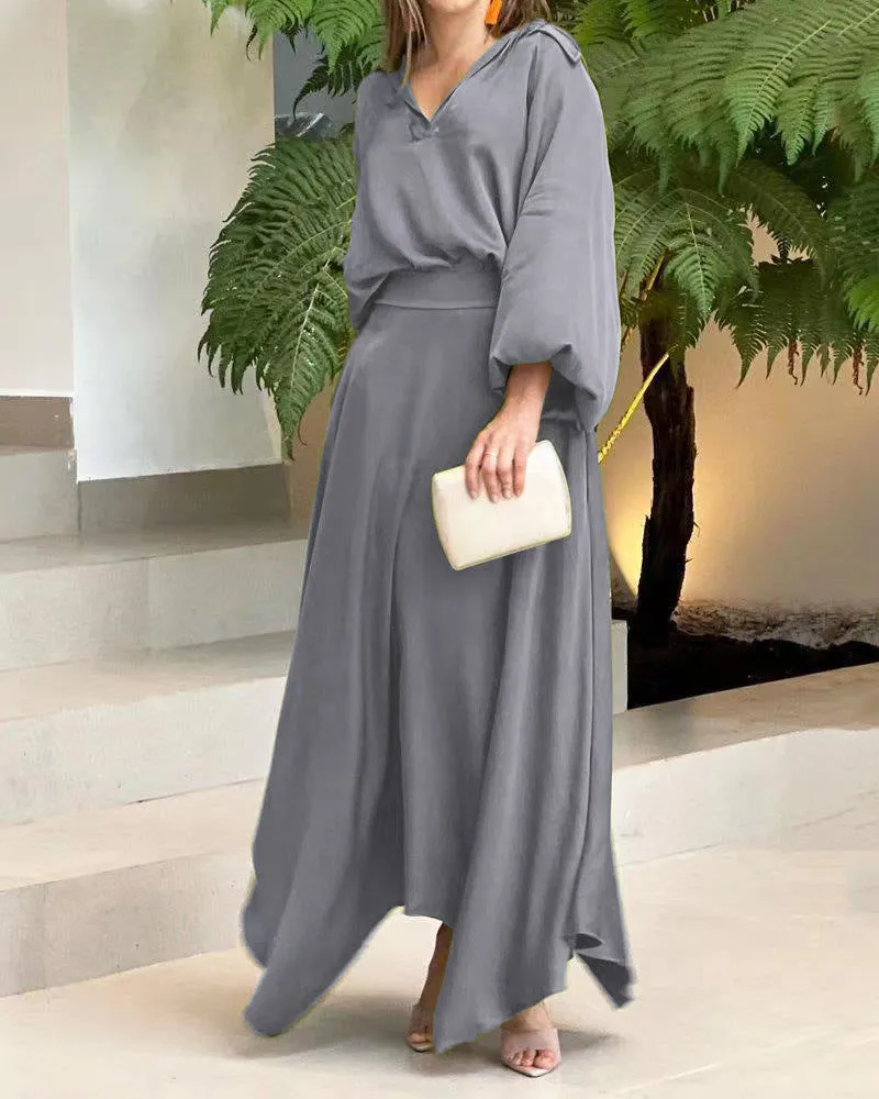 Elegant Long Sleeves Top High Waist Long Skirt Suits