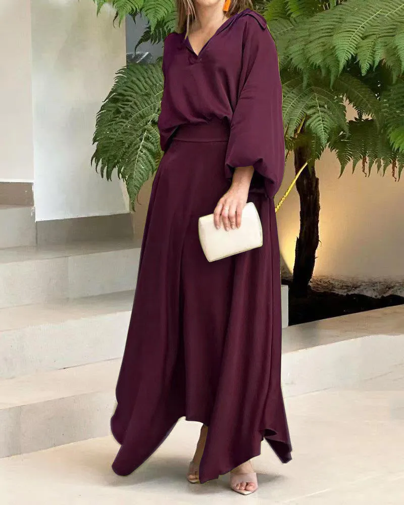 Elegant Long Sleeves Top High Waist Long Skirt Suits