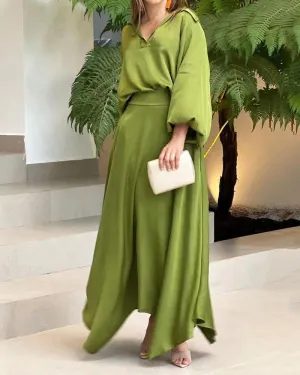 Elegant Long Sleeves Top High Waist Long Skirt Suits