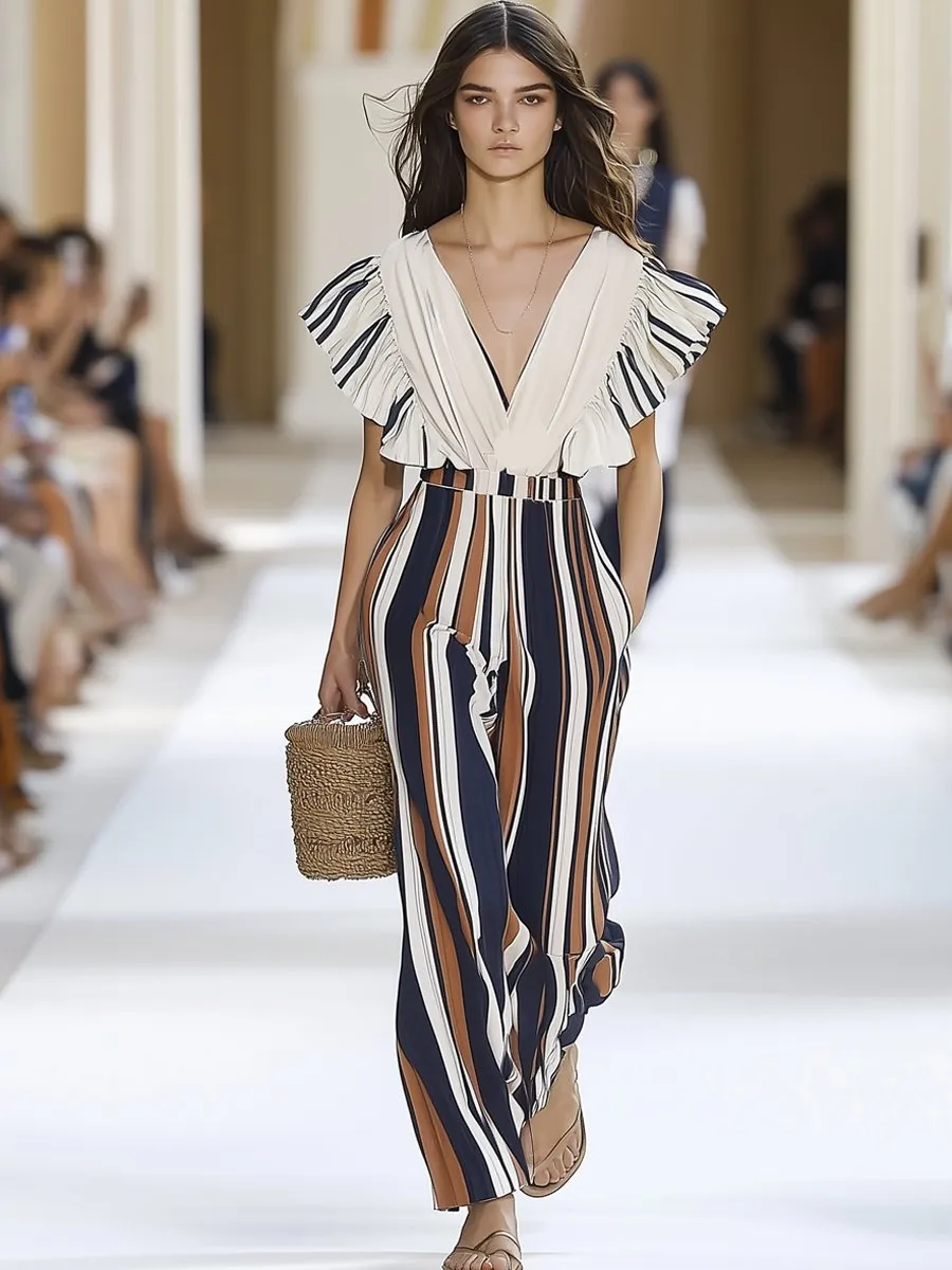 Elegant Red And Blue Striped Sleeveless  With Pleated Sleeves Jumpsuit