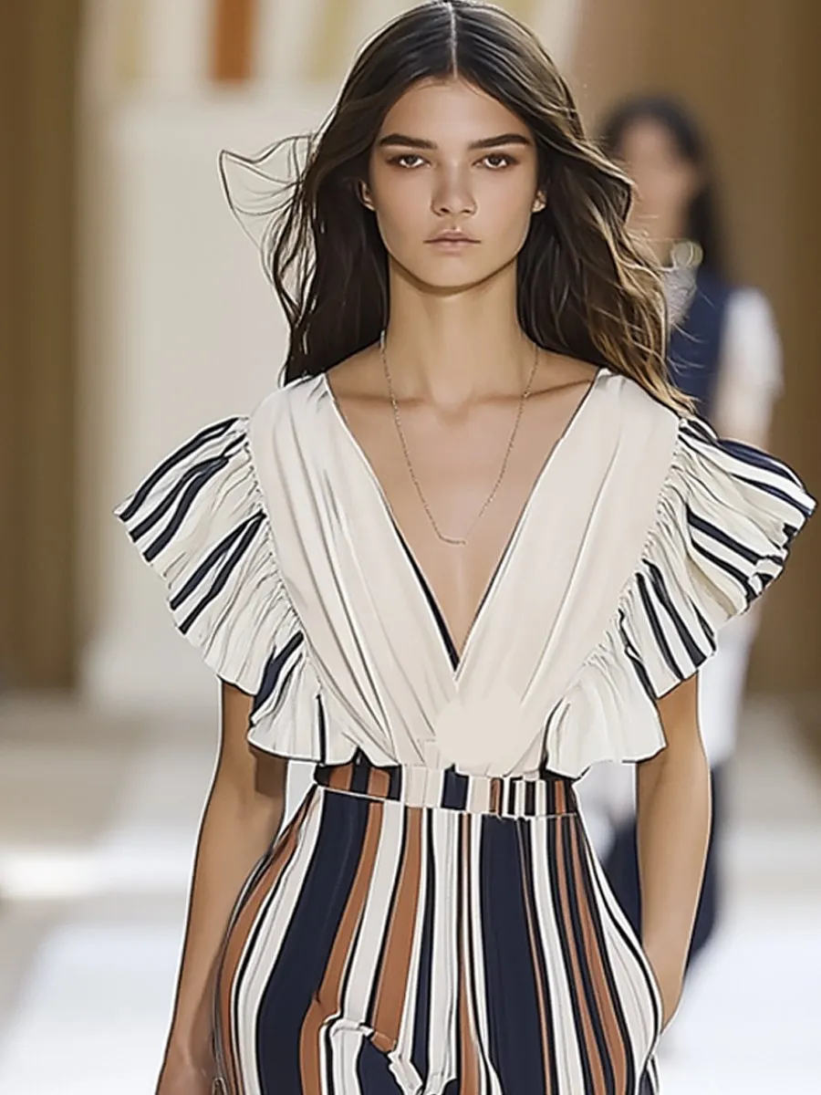 Elegant Red And Blue Striped Sleeveless  With Pleated Sleeves Jumpsuit