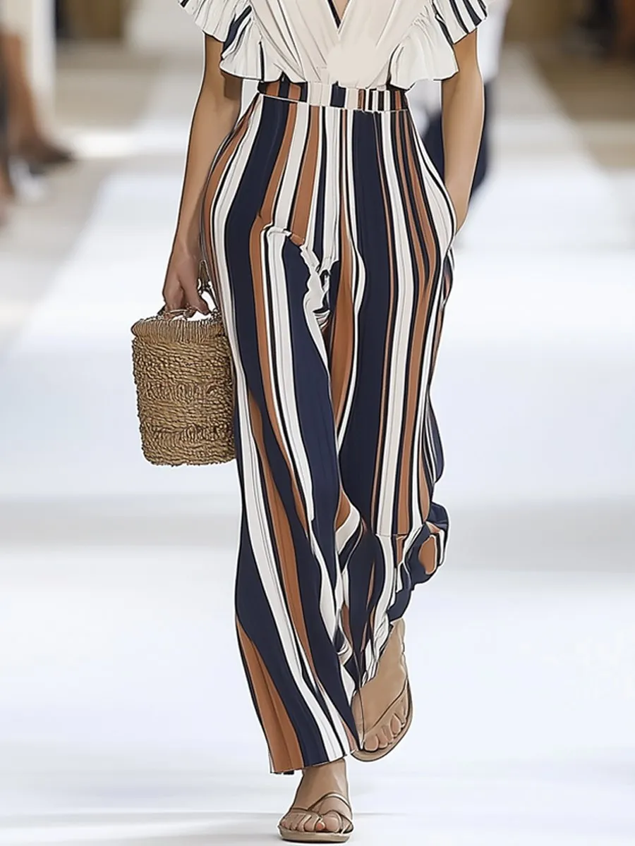 Elegant Red And Blue Striped Sleeveless  With Pleated Sleeves Jumpsuit