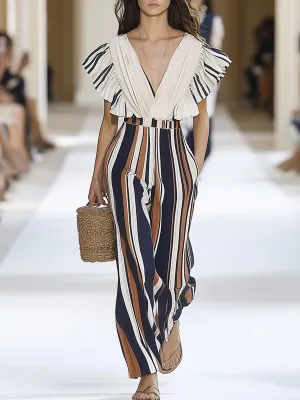 Elegant Red And Blue Striped Sleeveless  With Pleated Sleeves Jumpsuit