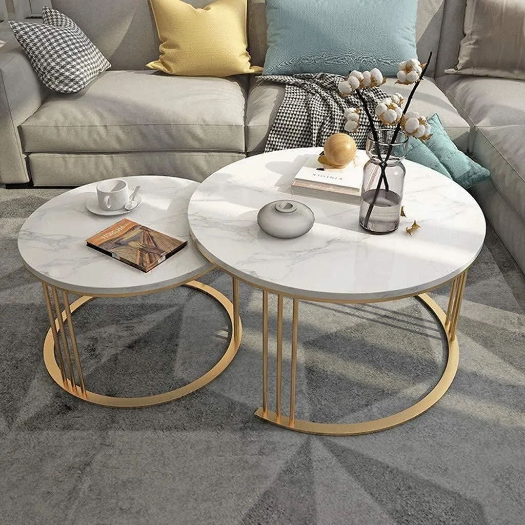 Expressow Round Side Tables, Modern Coffee Table with Marble Laminated Top, 2 Nesting Table Set with Storage Open Shelf for Living Room Modern Minimalist Style Furniture (Gold & White)