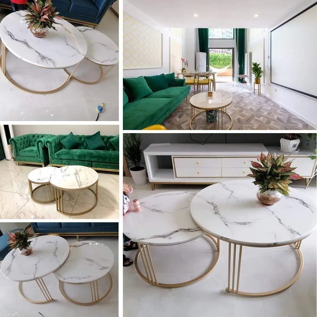 Expressow Round Side Tables, Modern Coffee Table with Marble Laminated Top, 2 Nesting Table Set with Storage Open Shelf for Living Room Modern Minimalist Style Furniture (Gold & White)