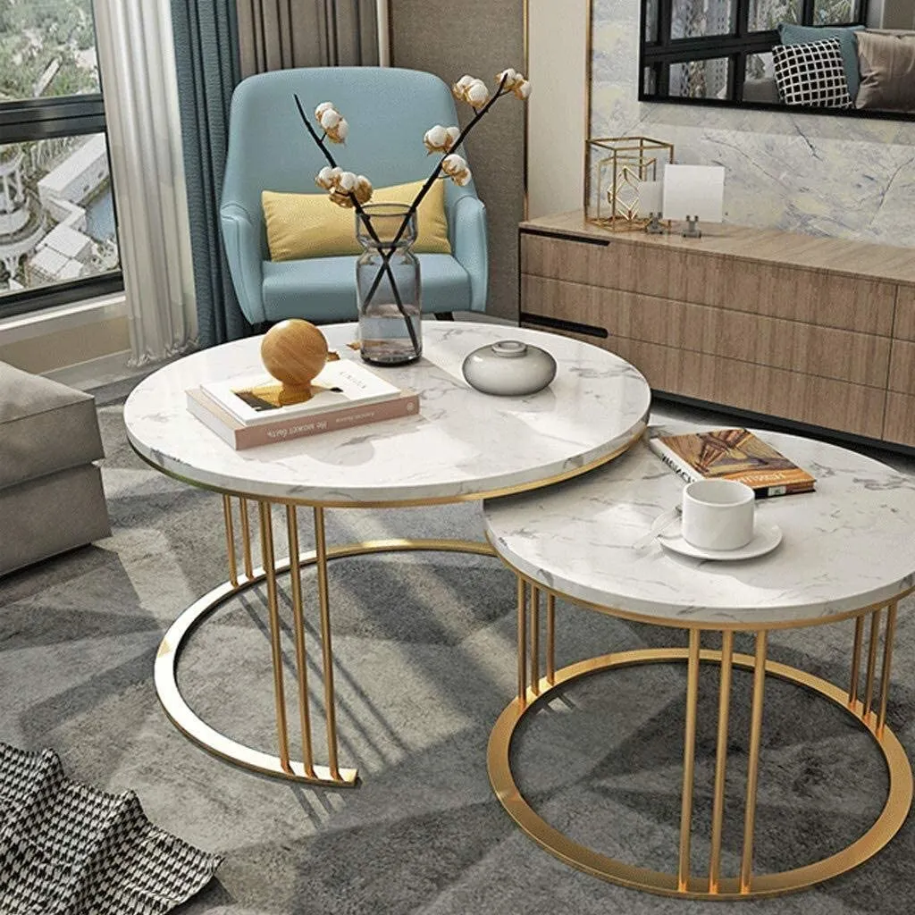 Expressow Round Side Tables, Modern Coffee Table with Marble Laminated Top, 2 Nesting Table Set with Storage Open Shelf for Living Room Modern Minimalist Style Furniture (Gold & White)