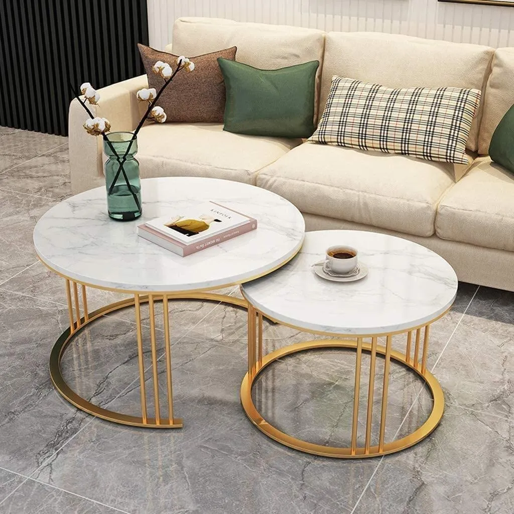 Expressow Round Side Tables, Modern Coffee Table with Marble Laminated Top, 2 Nesting Table Set with Storage Open Shelf for Living Room Modern Minimalist Style Furniture (Gold & White)