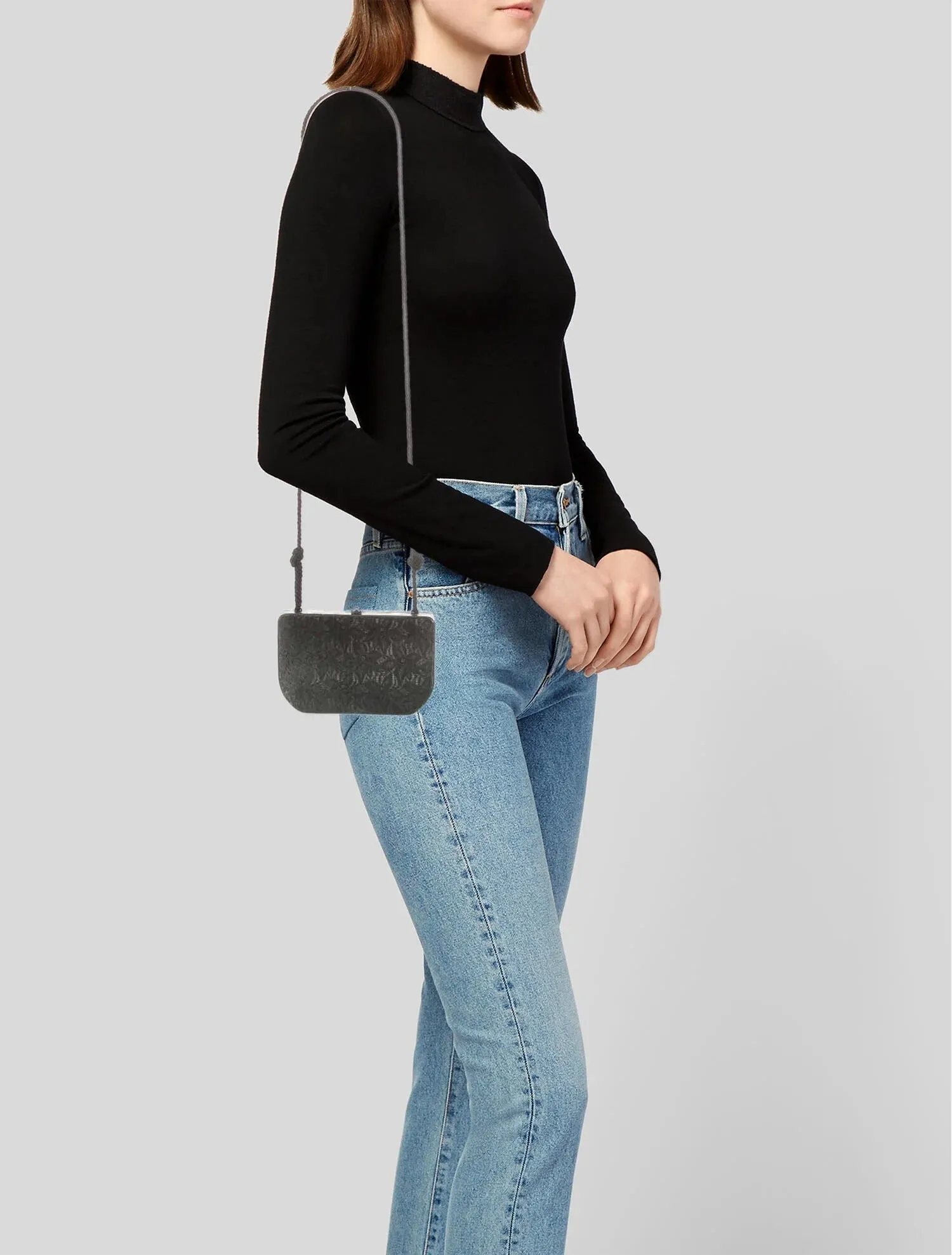 Fendi black floral lace print & chrome metal mini two-way evening bag
