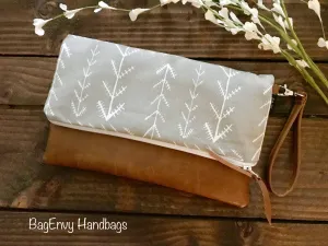 Fold Over Clutch - Stitched Arrows with Vegan Leather - Detachable Wristlet