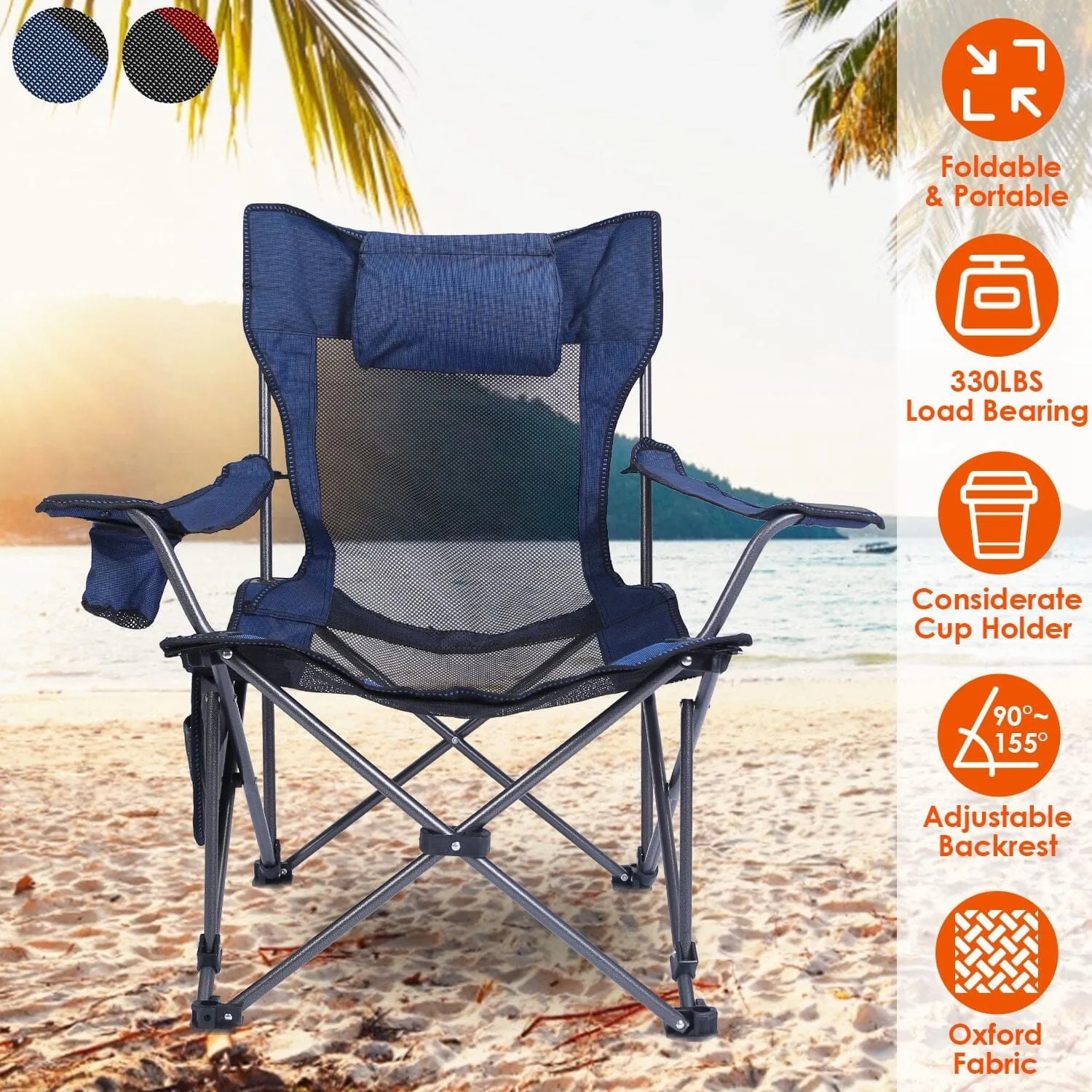 Foldable Camping Chair Heavy Duty Steel Lawn Chair with Reclining Backrest Angle