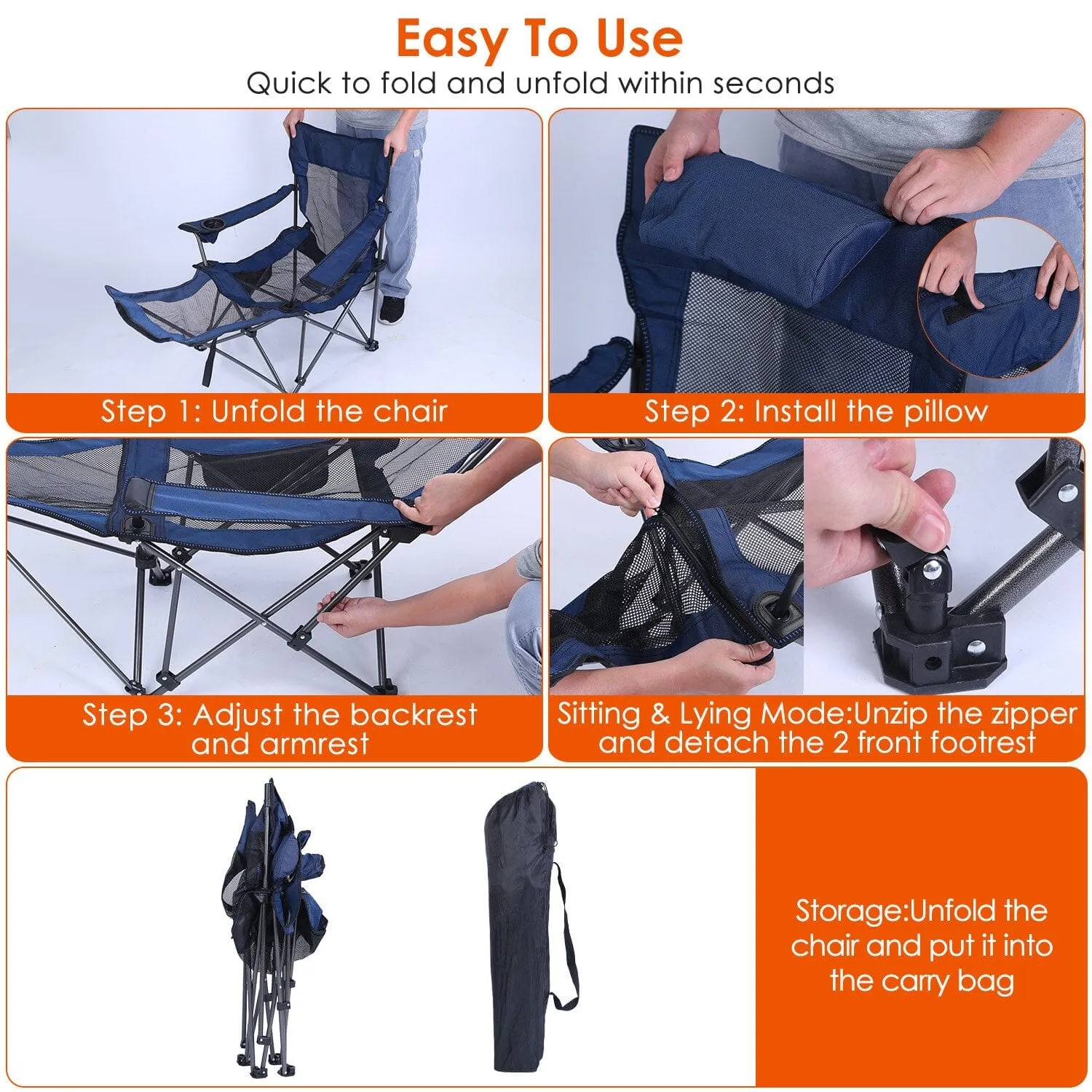 Foldable Camping Chair Heavy Duty Steel Lawn Chair with Reclining Backrest Angle