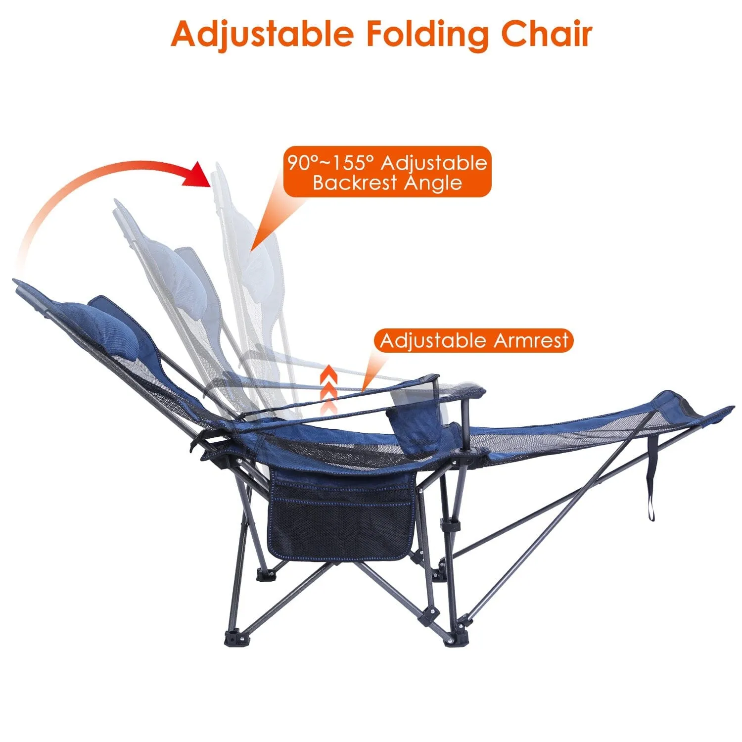 Foldable Camping Chair Heavy Duty Steel Lawn Chair with Reclining Backrest Angle
