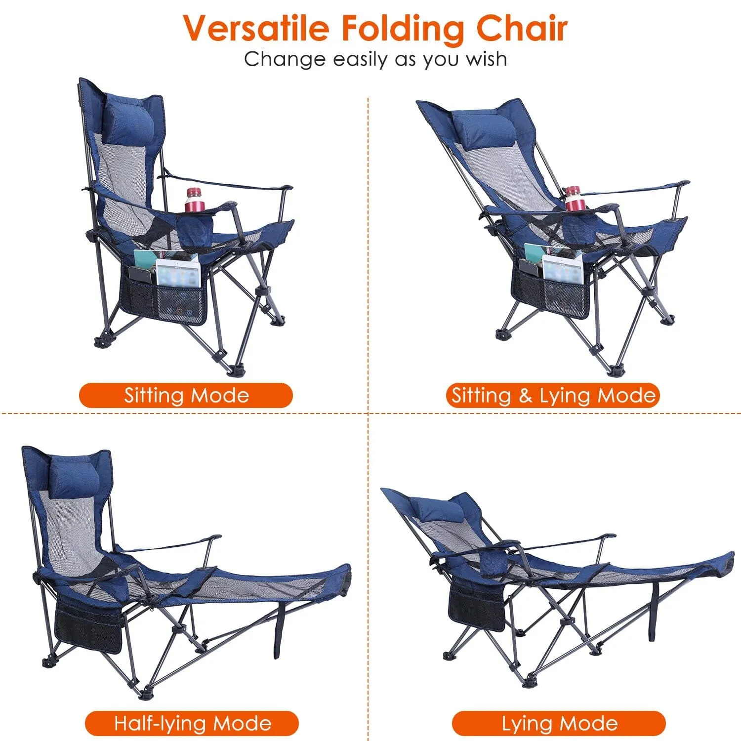Foldable Camping Chair Heavy Duty Steel Lawn Chair with Reclining Backrest Angle