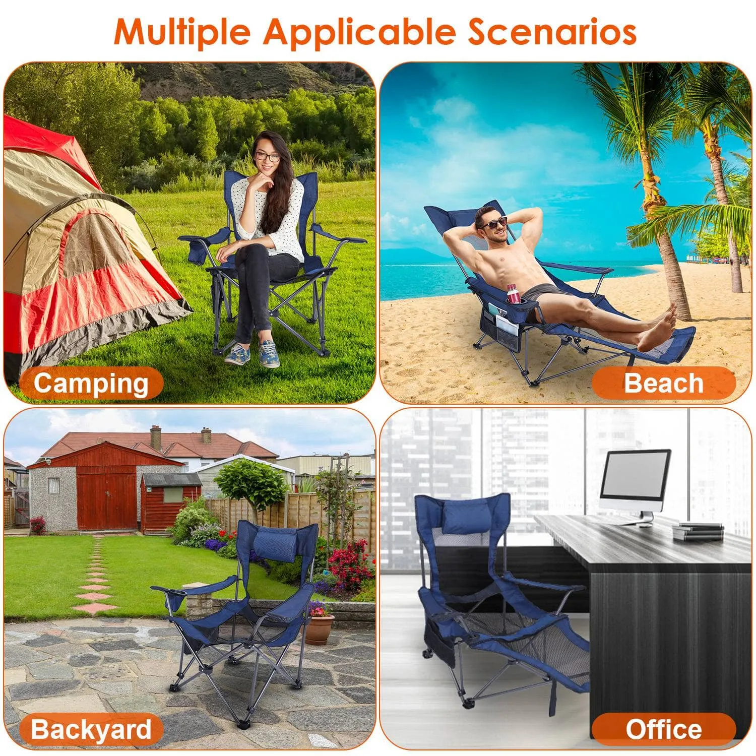 Foldable Camping Chair Heavy Duty Steel Lawn Chair with Reclining Backrest Angle