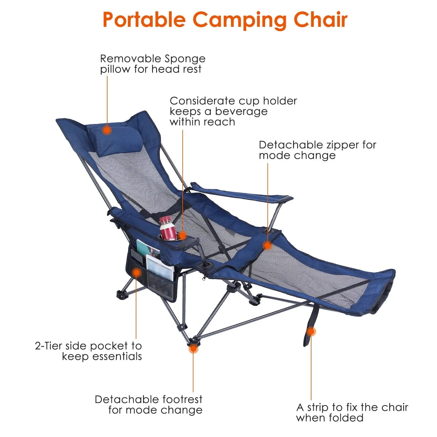 Foldable Camping Chair Heavy Duty Steel Lawn Chair with Reclining Backrest Angle