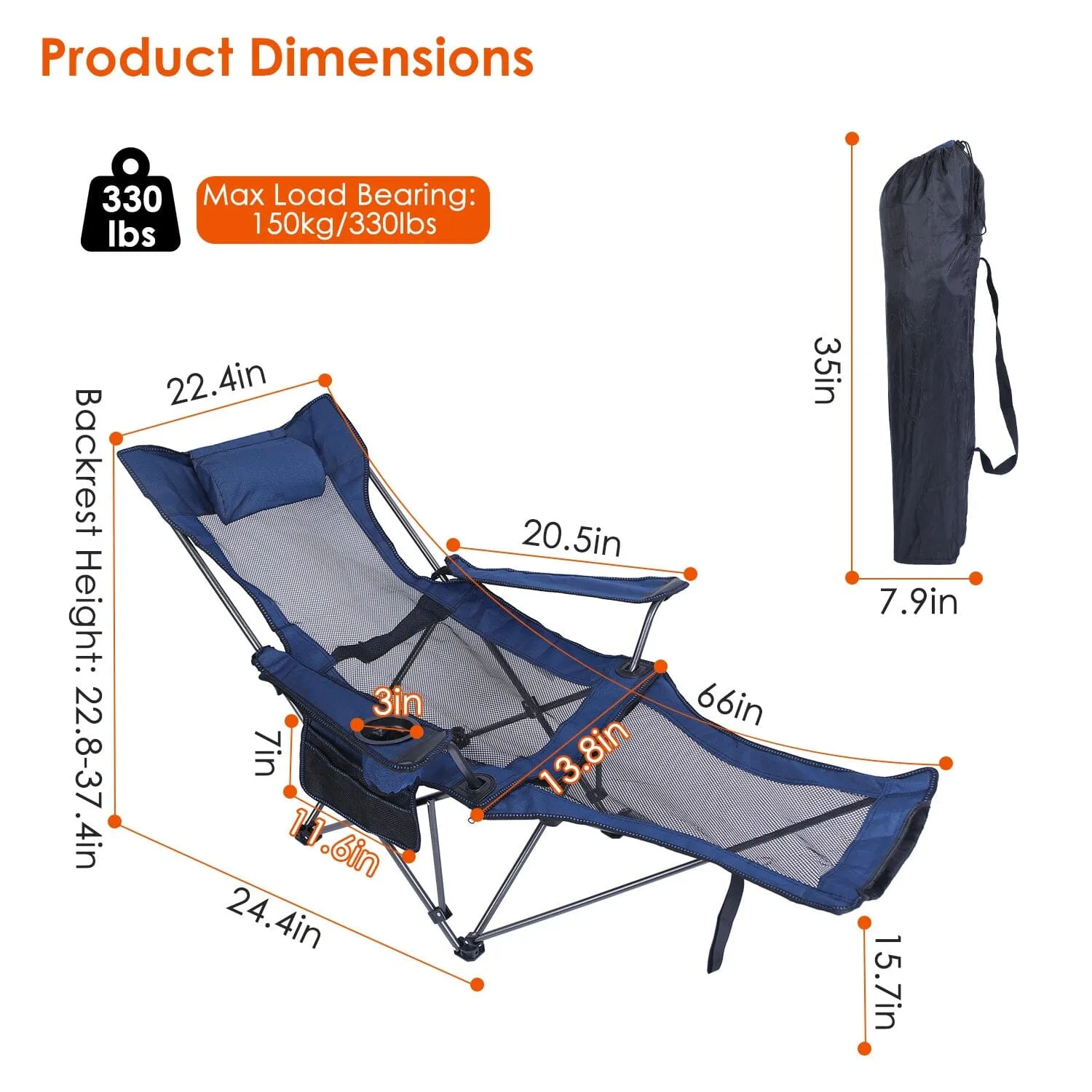 Foldable Camping Chair Heavy Duty Steel Lawn Chair with Reclining Backrest Angle