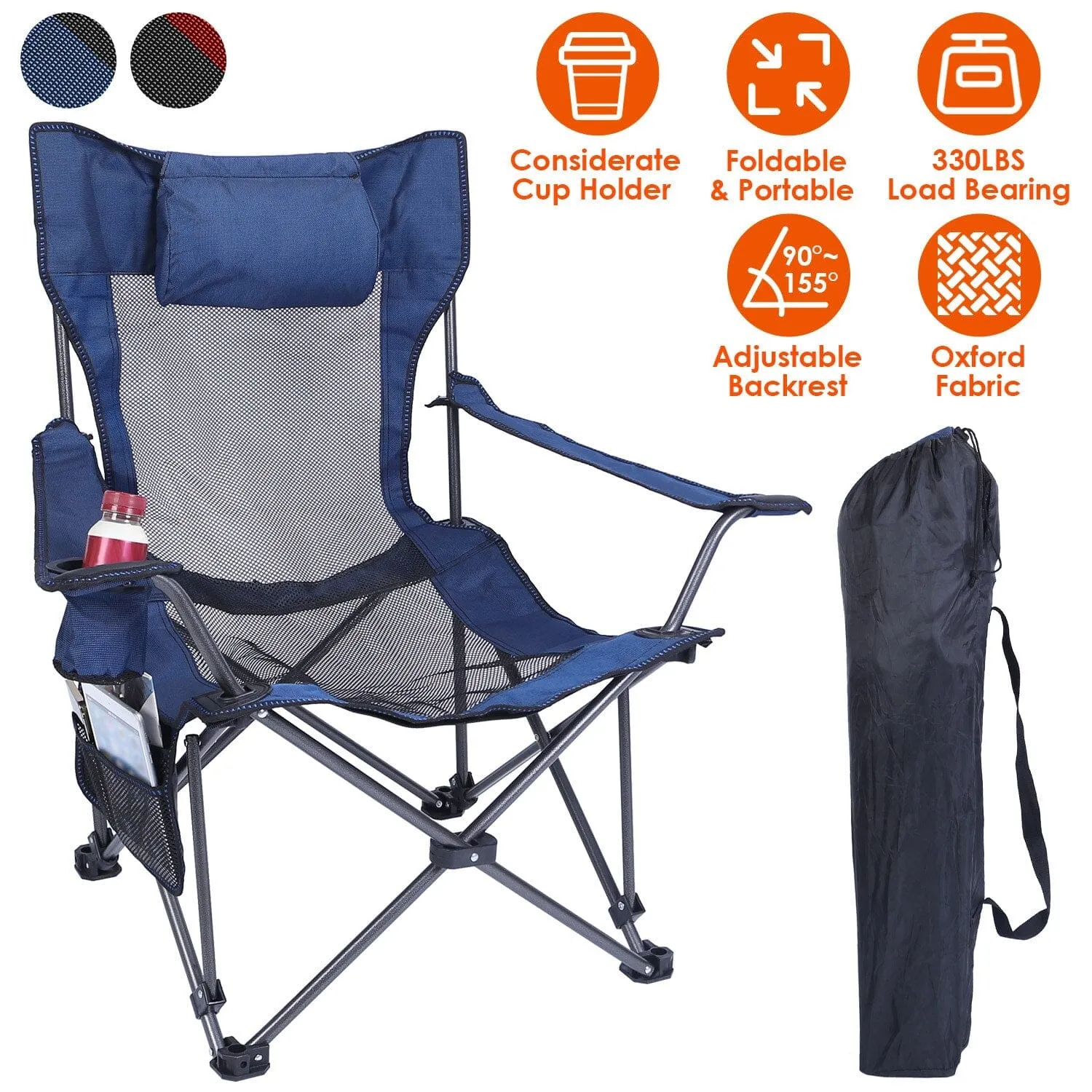 Foldable Camping Chair Heavy Duty Steel Lawn Chair with Reclining Backrest Angle