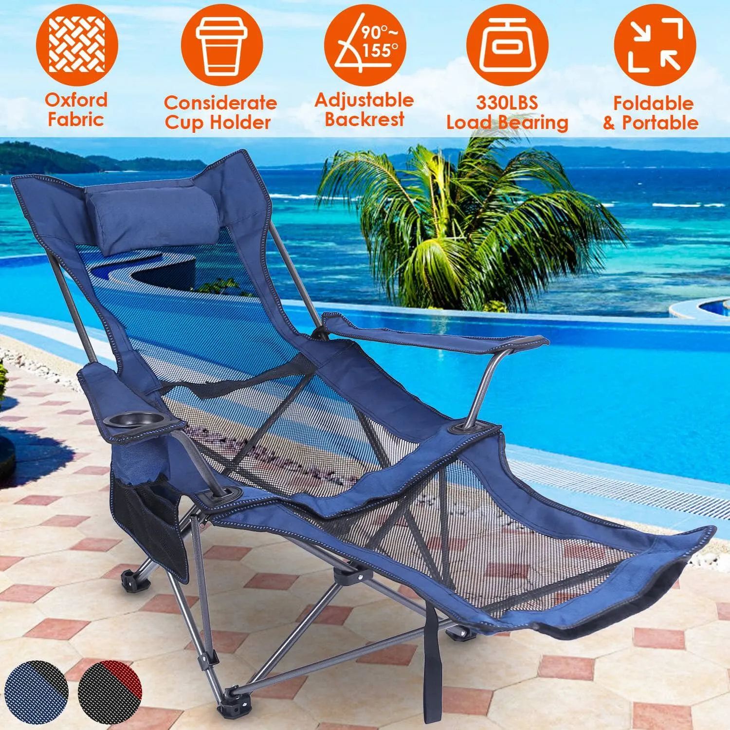 Foldable Camping Chair Heavy Duty Steel Lawn Chair with Reclining Backrest Angle