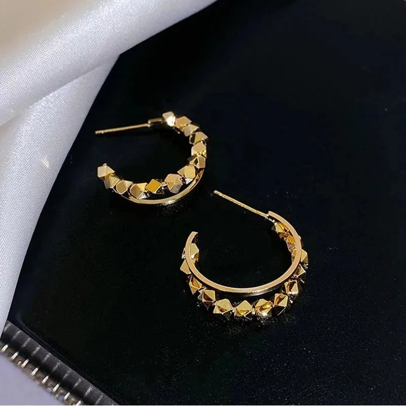 Geometric Cube Gold Granule C-shaped Dangle Exquisite New Earring