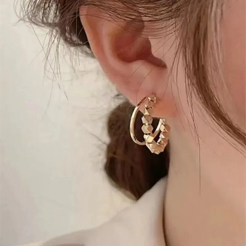 Geometric Cube Gold Granule C-shaped Dangle Exquisite New Earring