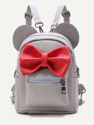 Grey Ear Shaped Backpack With Color Bow