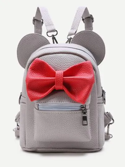 Grey Ear Shaped Backpack With Color Bow