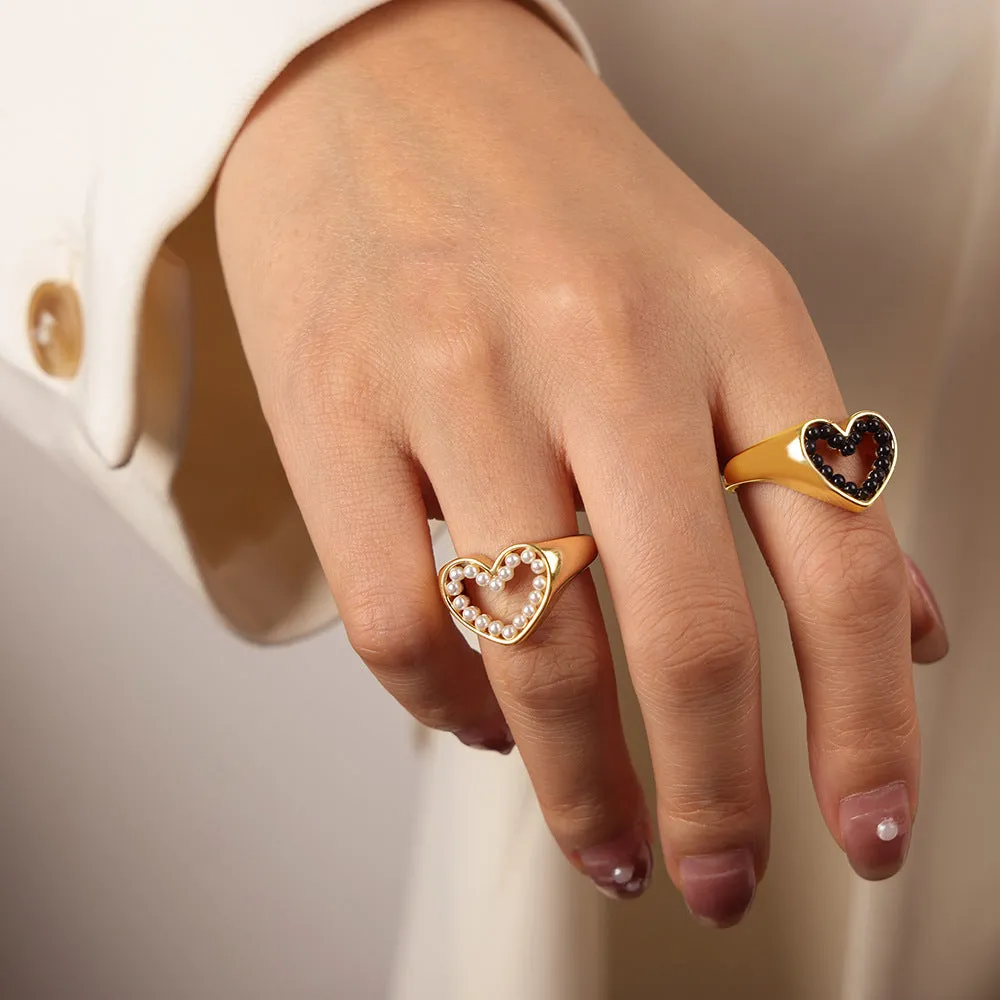 Heart-Shaped Imitation Pearl Hollow Ring - Luxe Copper Jewelry for Women