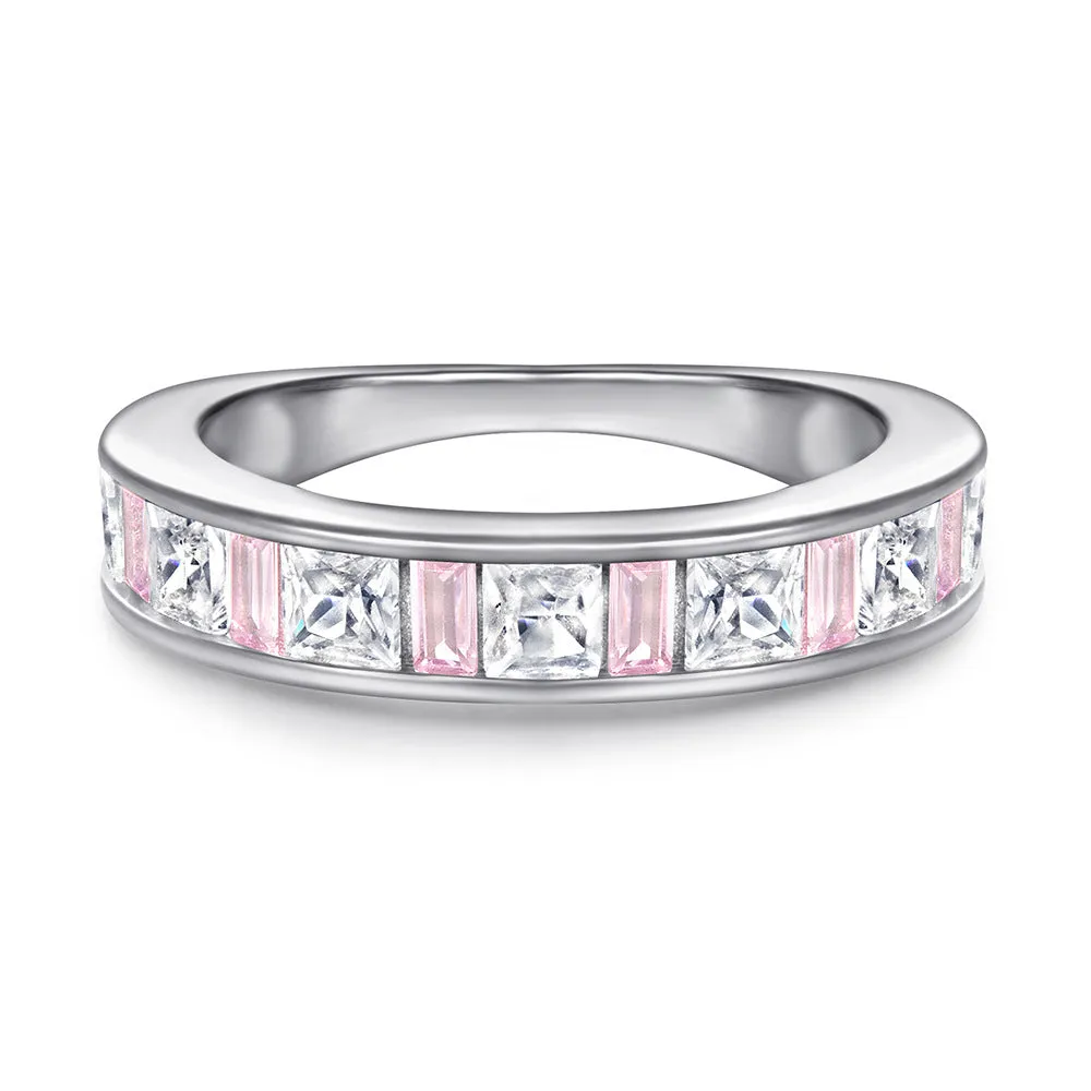 Heart-shaped Zircon with Rectangle Pink Zircon Silver Ring Set for Women