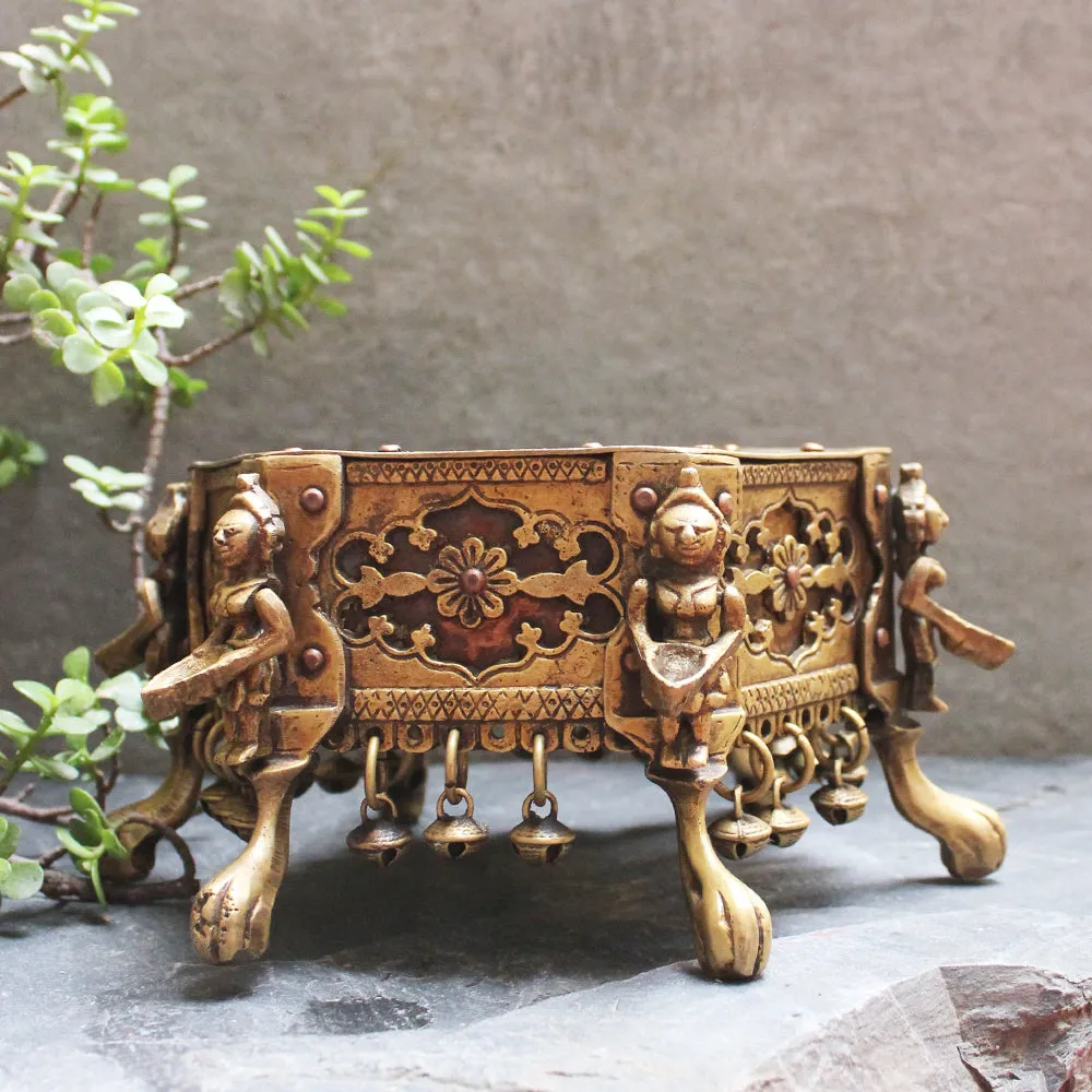 Hexagonal Brass Chowki | Stool With 6 Oil lamps & Ghungroos - Dia 17 cm x Ht 12 cm