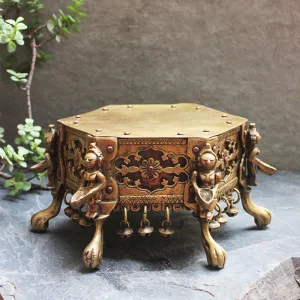 Hexagonal Brass Chowki | Stool With 6 Oil lamps & Ghungroos - Dia 17 cm x Ht 12 cm