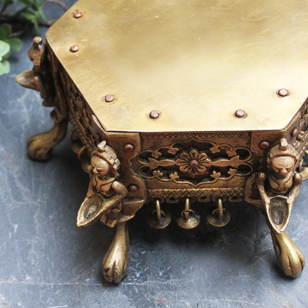 Hexagonal Brass Chowki | Stool With 6 Oil lamps & Ghungroos - Dia 17 cm x Ht 12 cm