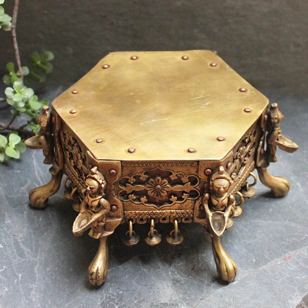 Hexagonal Brass Chowki | Stool With 6 Oil lamps & Ghungroos - Dia 17 cm x Ht 12 cm