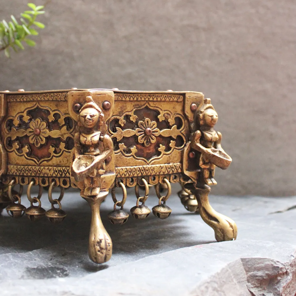 Hexagonal Brass Chowki | Stool With 6 Oil lamps & Ghungroos - Dia 17 cm x Ht 12 cm