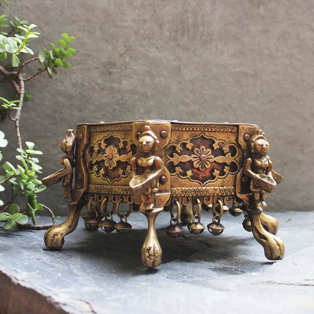 Hexagonal Brass Chowki | Stool With 6 Oil lamps & Ghungroos - Dia 17 cm x Ht 12 cm