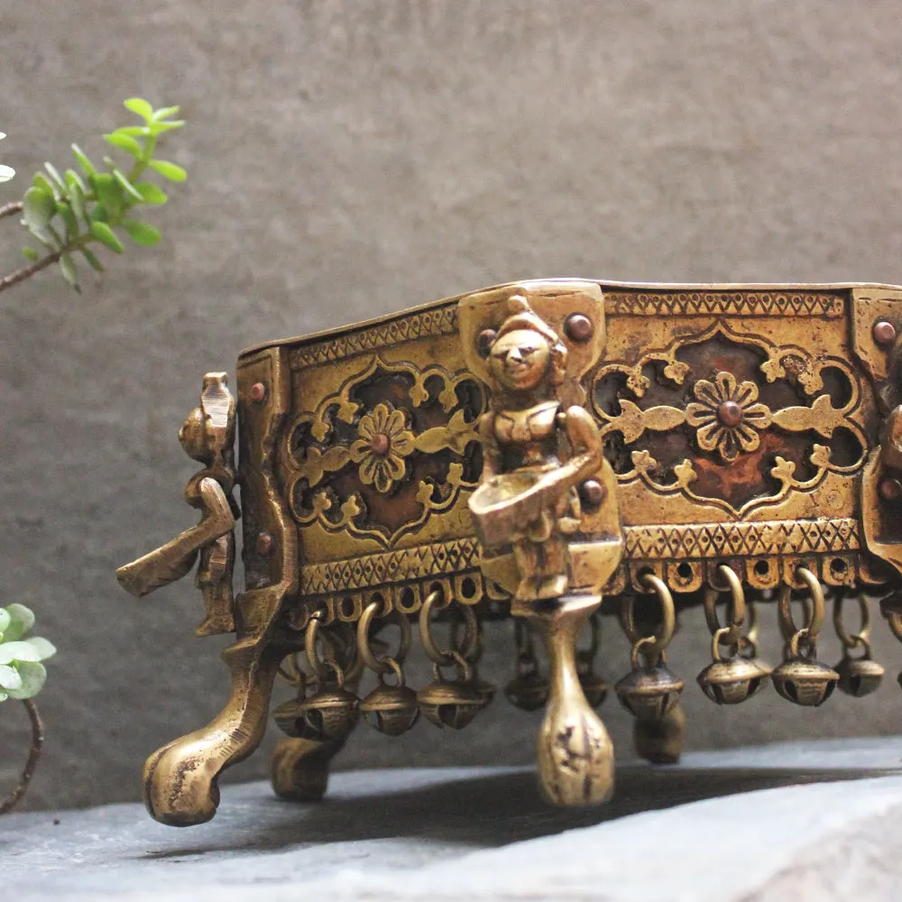 Hexagonal Brass Chowki | Stool With 6 Oil lamps & Ghungroos - Dia 17 cm x Ht 12 cm